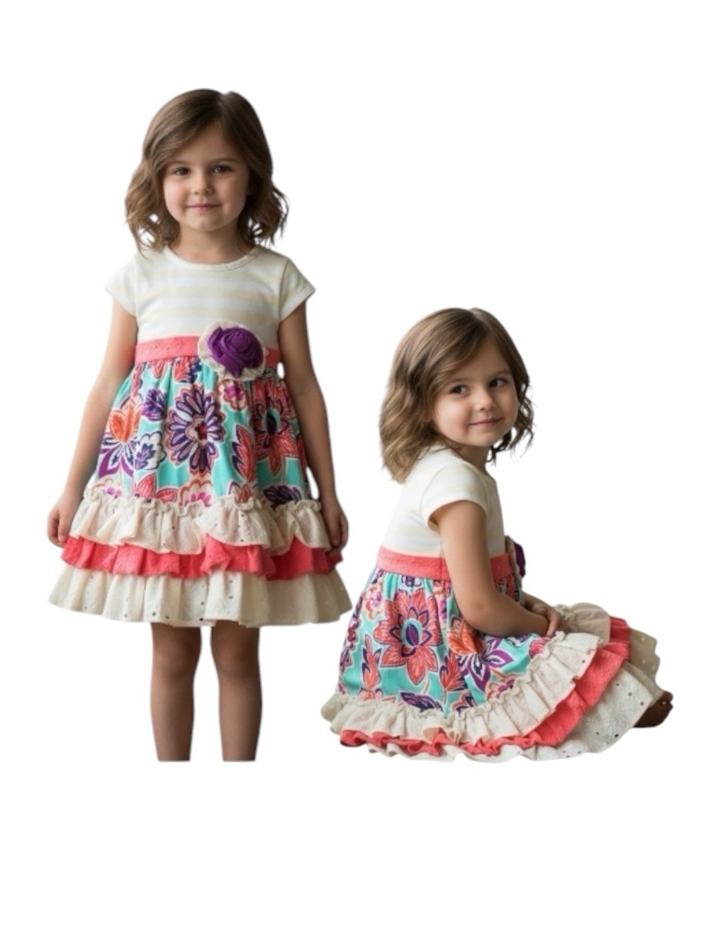 Counting Daisies Girls Cream & Coral Floral Ruffle Dress with Purple Accent